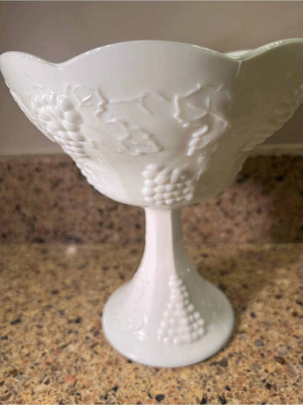 Indiana Glass White Milk Glass Pedestal Compote Vase With Grapes Design 7.75”
